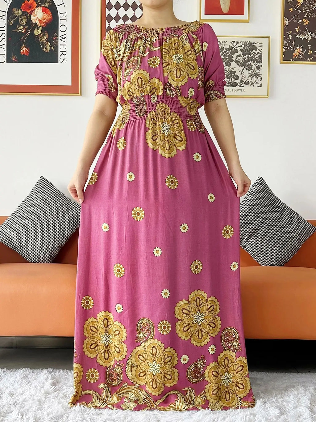 Women Party Dress Muslim Summer Short Sleeve Long Dress Collect Waist Floral Boubou Maxi Islam Women Dress African Abaya Clothes