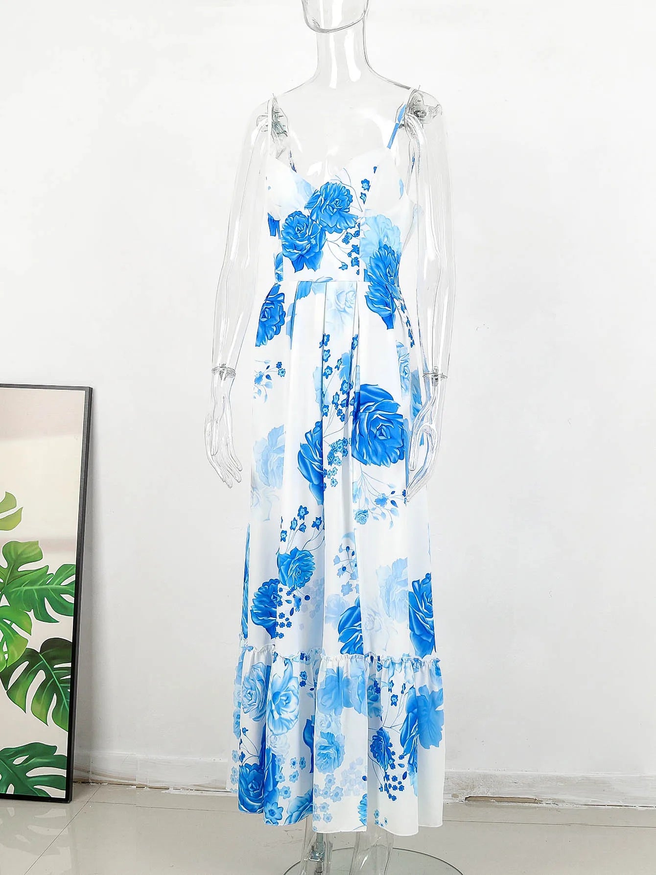 2024 Summer Print Long Dress Women Clothing Lace Up Sling Party Dresses Pattern Strappy Ladies Hollow Out V-Neck Beach Vestidos