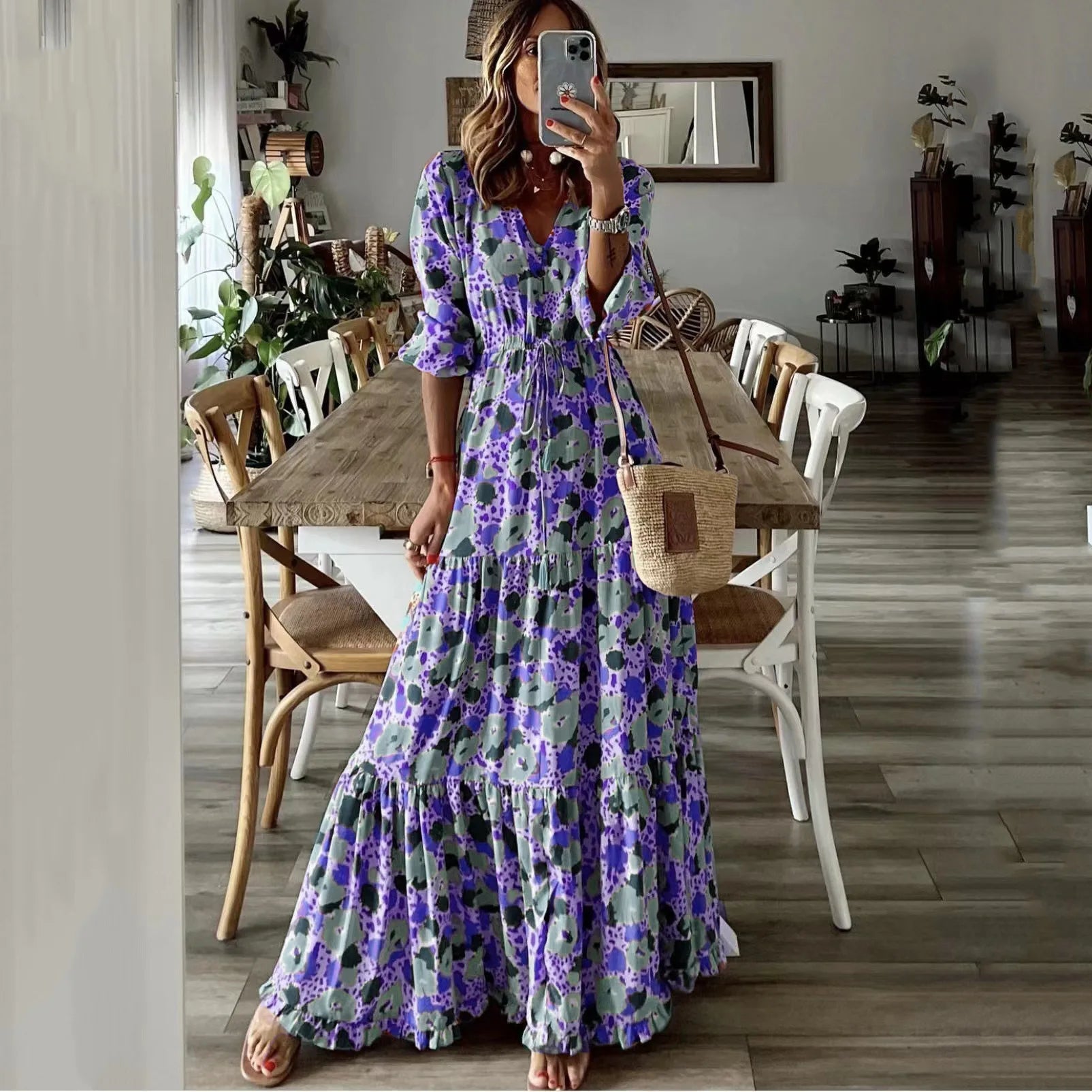 Women's Clothing Temperament Vacation Sexy V-neck Fashionable Printed Lace Up Seven Quarter Sleeve Large Swing Long Dress