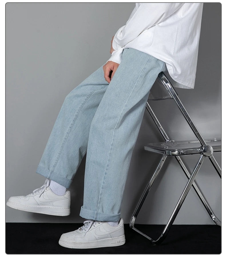 Jean long décontracté pour homme, style coréen, classique, droit, jambes larges, couleur unie, bleu clair, gris, noir, 2025