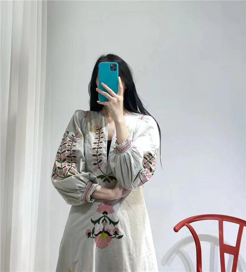 RARF 2024 New positioning heavy industry embroidery craft V-neck long dress Bohemian holiday style