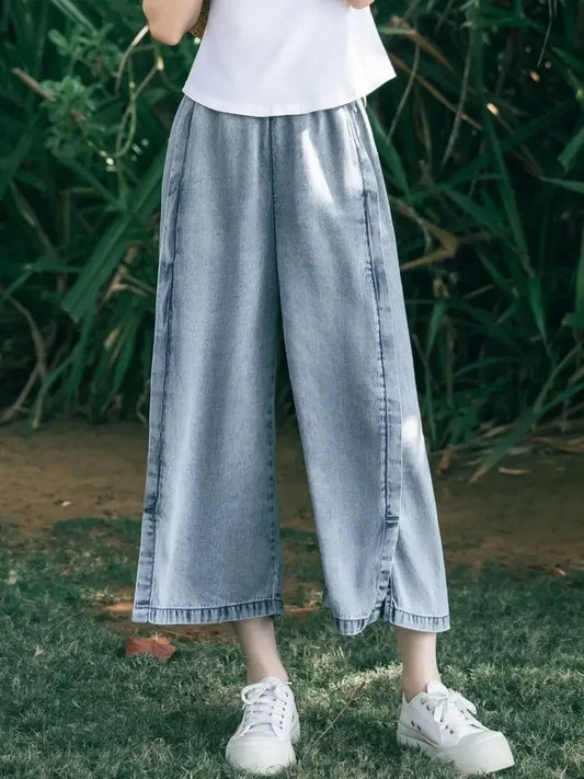 Jeans for Women Capris Embroidered Summer Elastic Waist Wide Leg Pants High Korean Women's Vintage Baggy Denim Popular Clothes