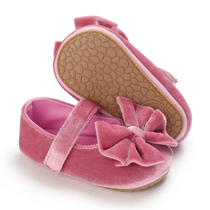 Spring and Autumn Newborn Flannelette Princess Shoes Baby Girls Bow Flat Shoes Toddler Baby Soft Rubber Sole First Walking Shoes