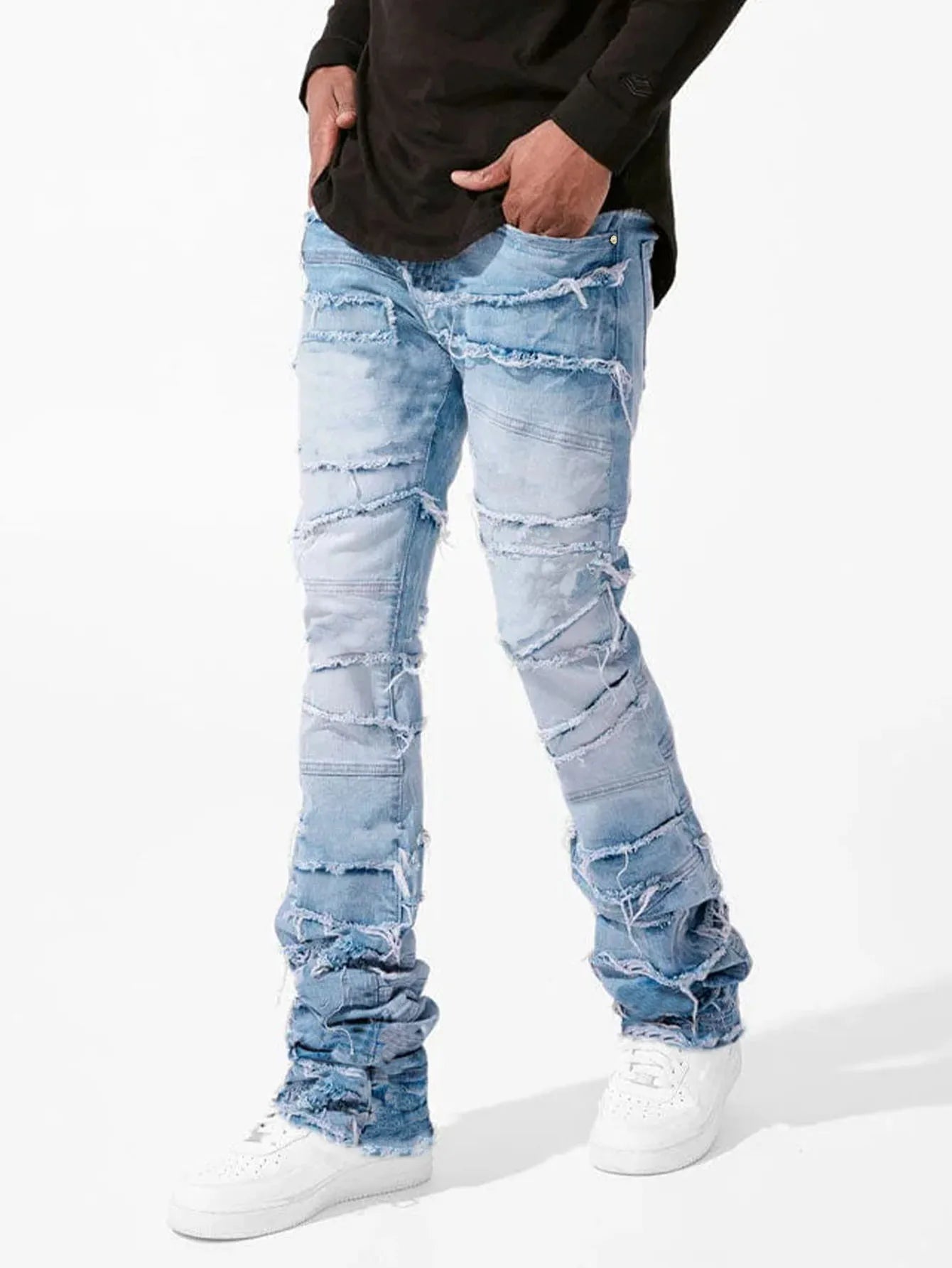 New Men's Patchwork Denim Pants Stacked Jeans Ripped Washed Frayed Pants Vintage Street Style Slim Fit Straight Trousers for Men