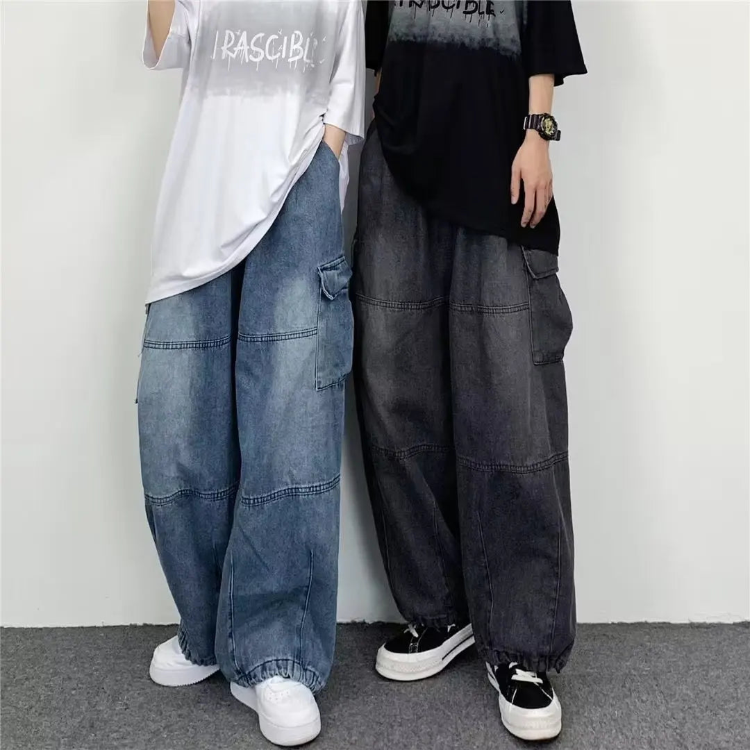 New Men's Wide-leg Jeans Casual Trendy Large Pocket Denim Pants Four Seasons Loose Straight Leg Casual Jeans Versatile Men Women