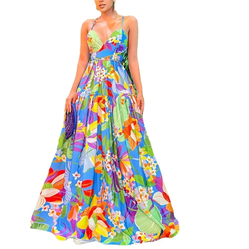 2024 New Summer Women's Clothing European American Style Off-the-shoulder Printed Dresses Oversized Tank Long Skirts
