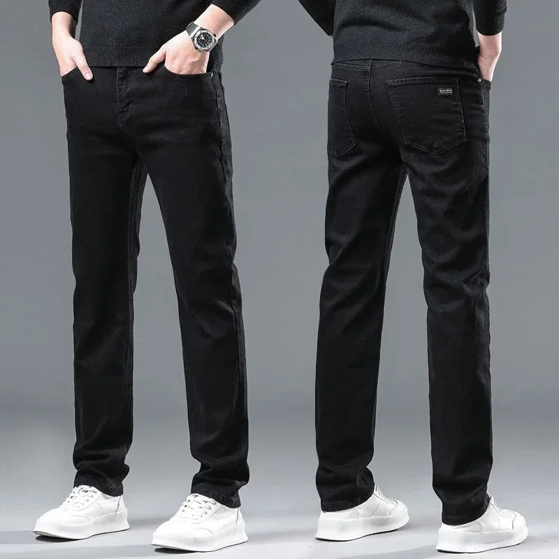 Fashion Men Straight Leg Jeans Man's Casual Black Streetwear Denim Trousers Male Cool Solid Simple Slim Fit Cheap Denim Pants