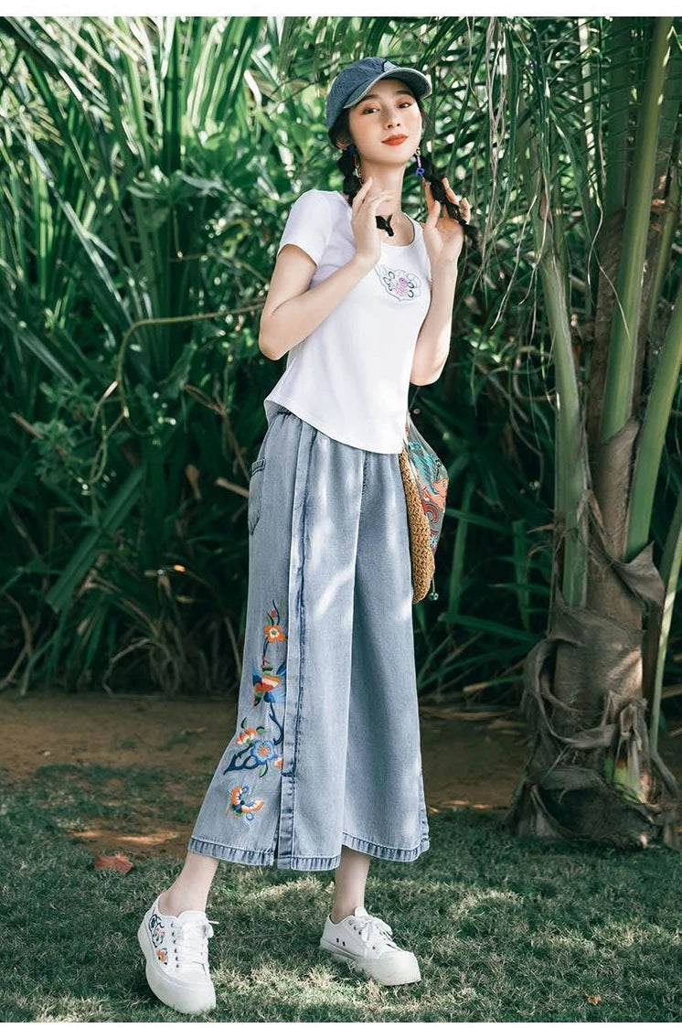 Jeans for Women Capris Embroidered Summer Elastic Waist Wide Leg Pants High Korean Women's Vintage Baggy Denim Popular Clothes