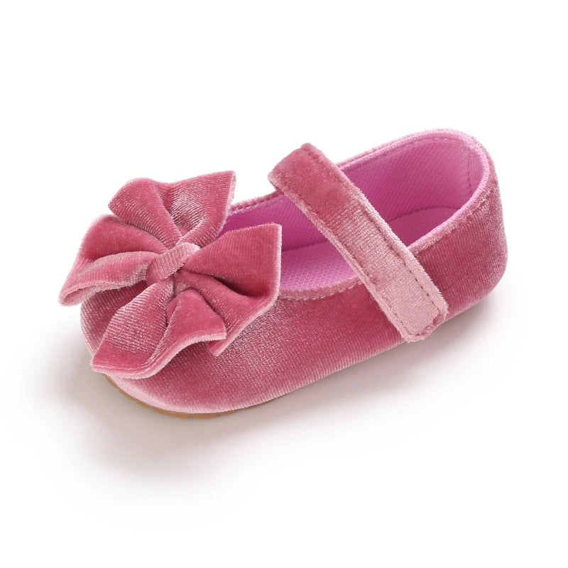 Spring and Autumn Newborn Flannelette Princess Shoes Baby Girls Bow Flat Shoes Toddler Baby Soft Rubber Sole First Walking Shoes