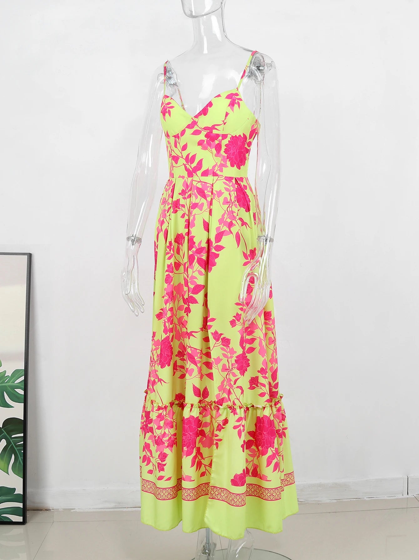 2024 Summer Print Long Dress Women Clothing Lace Up Sling Party Dresses Pattern Strappy Ladies Hollow Out V-Neck Beach Vestidos