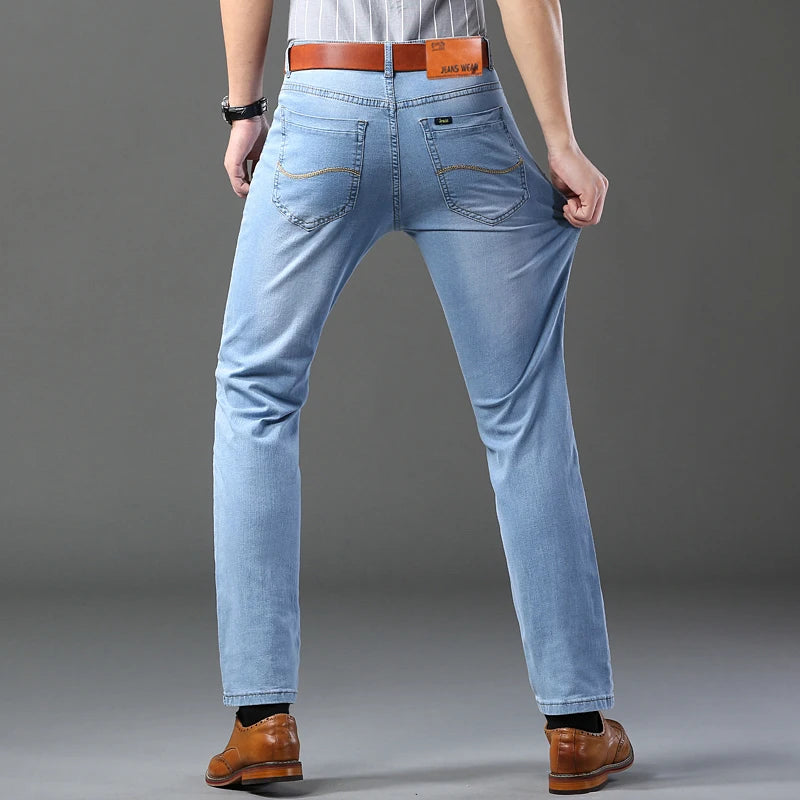 Men's Thin Jeans 2025 Summer New Style Business Casual Slim Fit Elastic Classic Style Trousers Sky Blue Pants Male size 28-40