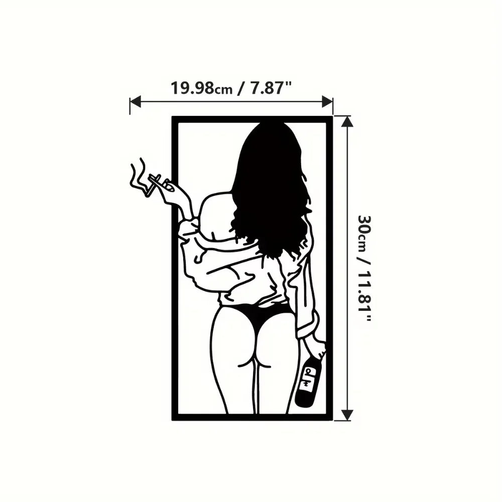 Décoration murale sophistiquée en métal, pièce unique – Art abstrait féminin au trait unique | Femme moderne avec cigarette et bière | Décoration d'intérieur élégante