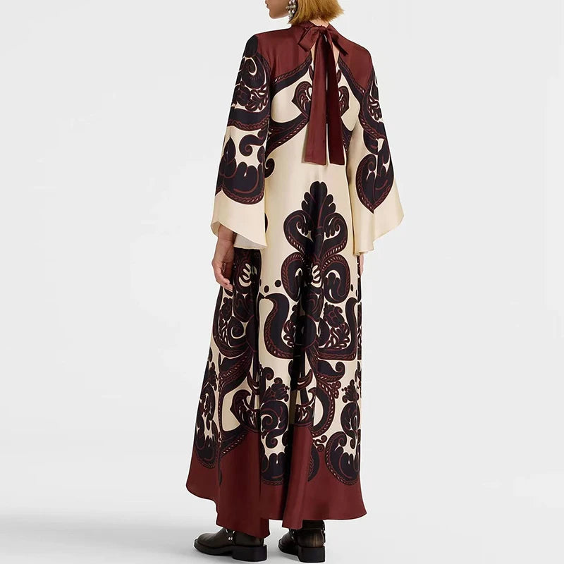 Muslim Ethnic Pattern Print Vintage Dress for Women Sexy V Neck Lace-up Long Dress Spring Fall 3/4 Sleeve Loose Party Maxi Dress
