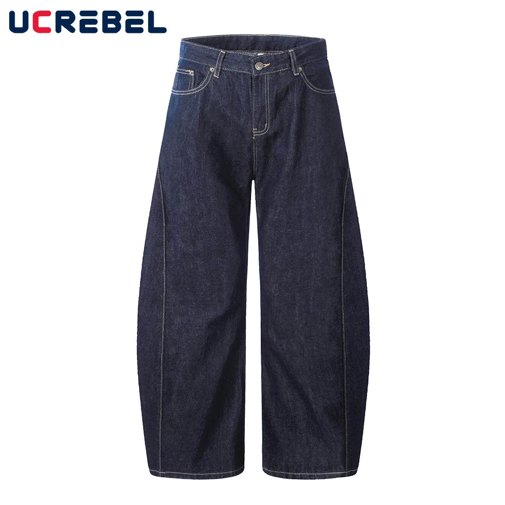 Washed Dark Jeans Men Top Stitch Retro High Street Loose Wide leg Scimitar Denim Pants Men Trousers