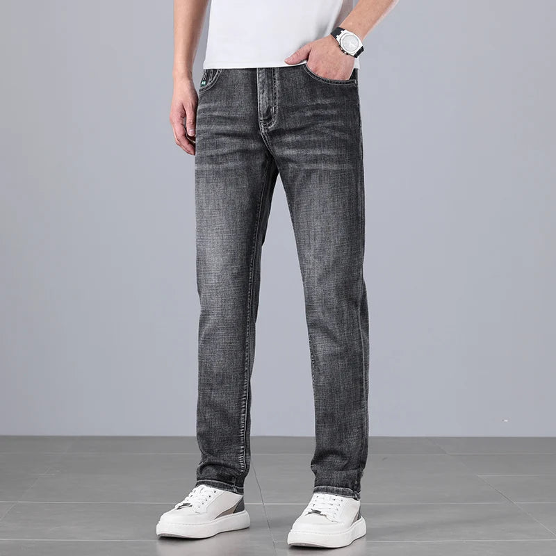 Men's Ultra-thin Stretch Casual Jeans New for Summer Business Fashion Straight Baggy Denim Trousers Blue Classic Style Male