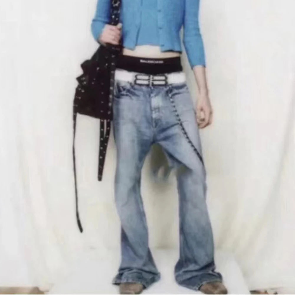 Streetwear Washed Boot Cut Blue Jeans for Men Vintage Y2k Baggy Flare Pants Unisex Pantalones Hombre Denim Trousers Oversized