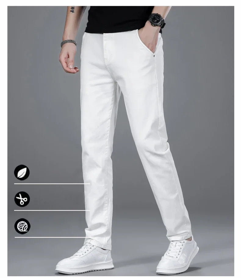 New Men's Fashion Classic Style Versatile Slim Jeans White Stretch Straight Soft Casual Denim Trousers Brand Clothing Male