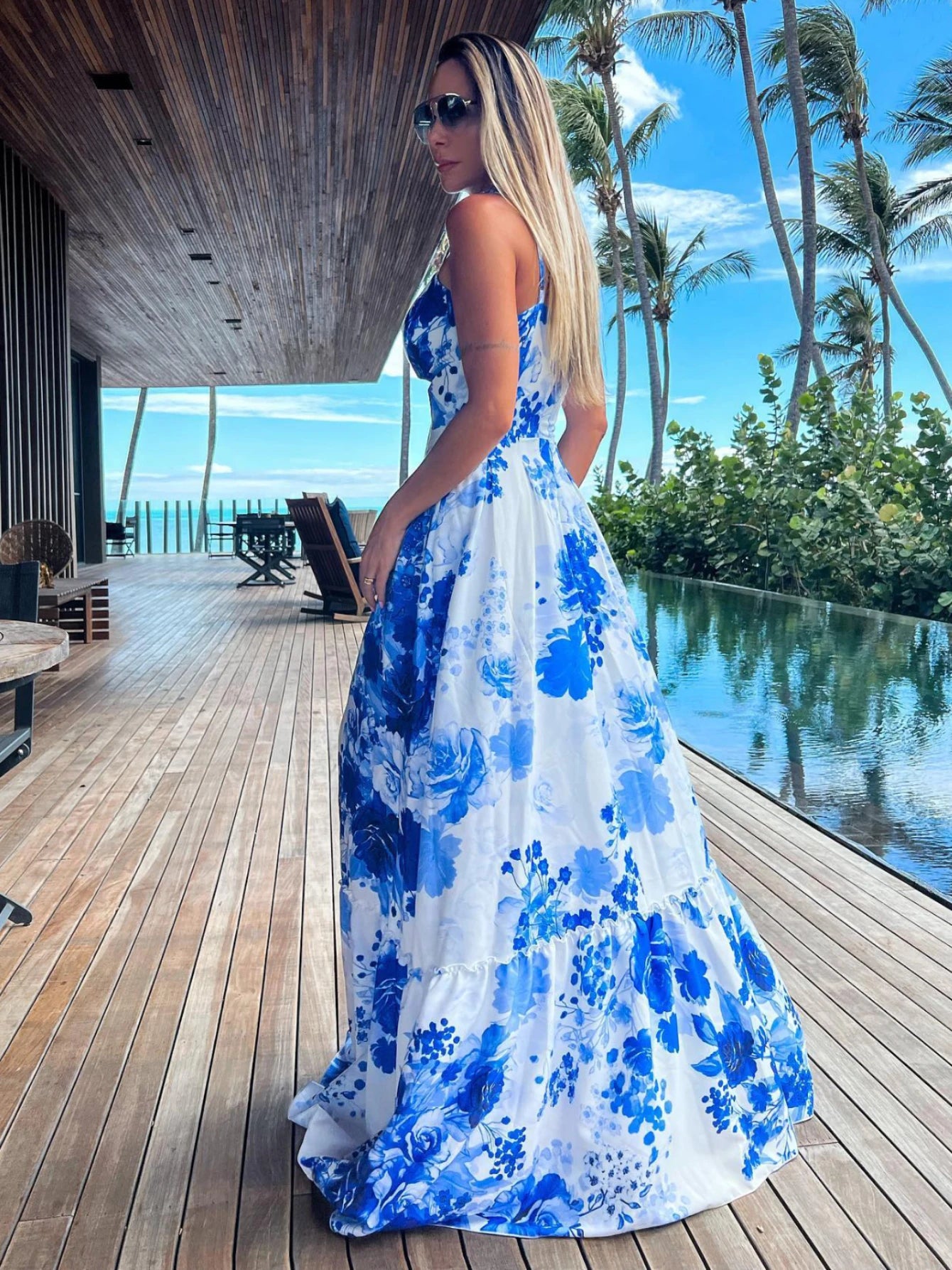 2024 Summer Print Long Dress Women Clothing Lace Up Sling Party Dresses Pattern Strappy Ladies Hollow Out V-Neck Beach Vestidos