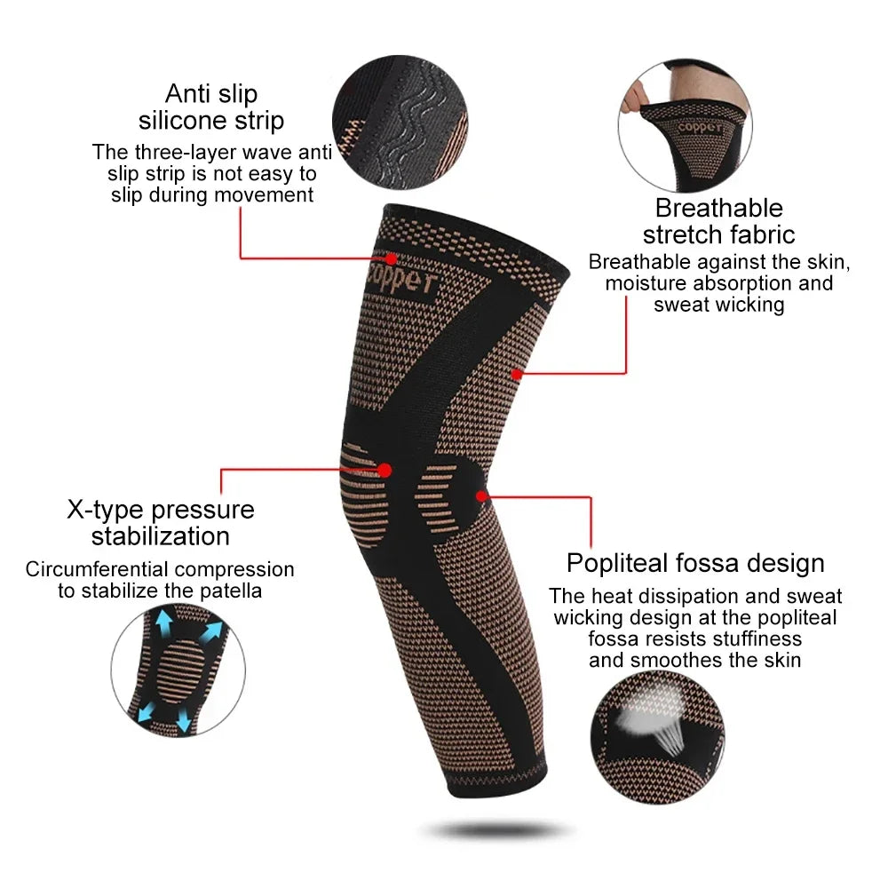 1/2Pcs Copper Full Leg Sleeves Long Compression, Knee Braces, Knee Compression Sleeves for Meniscus Tear, ACL, Arthritis, Sport