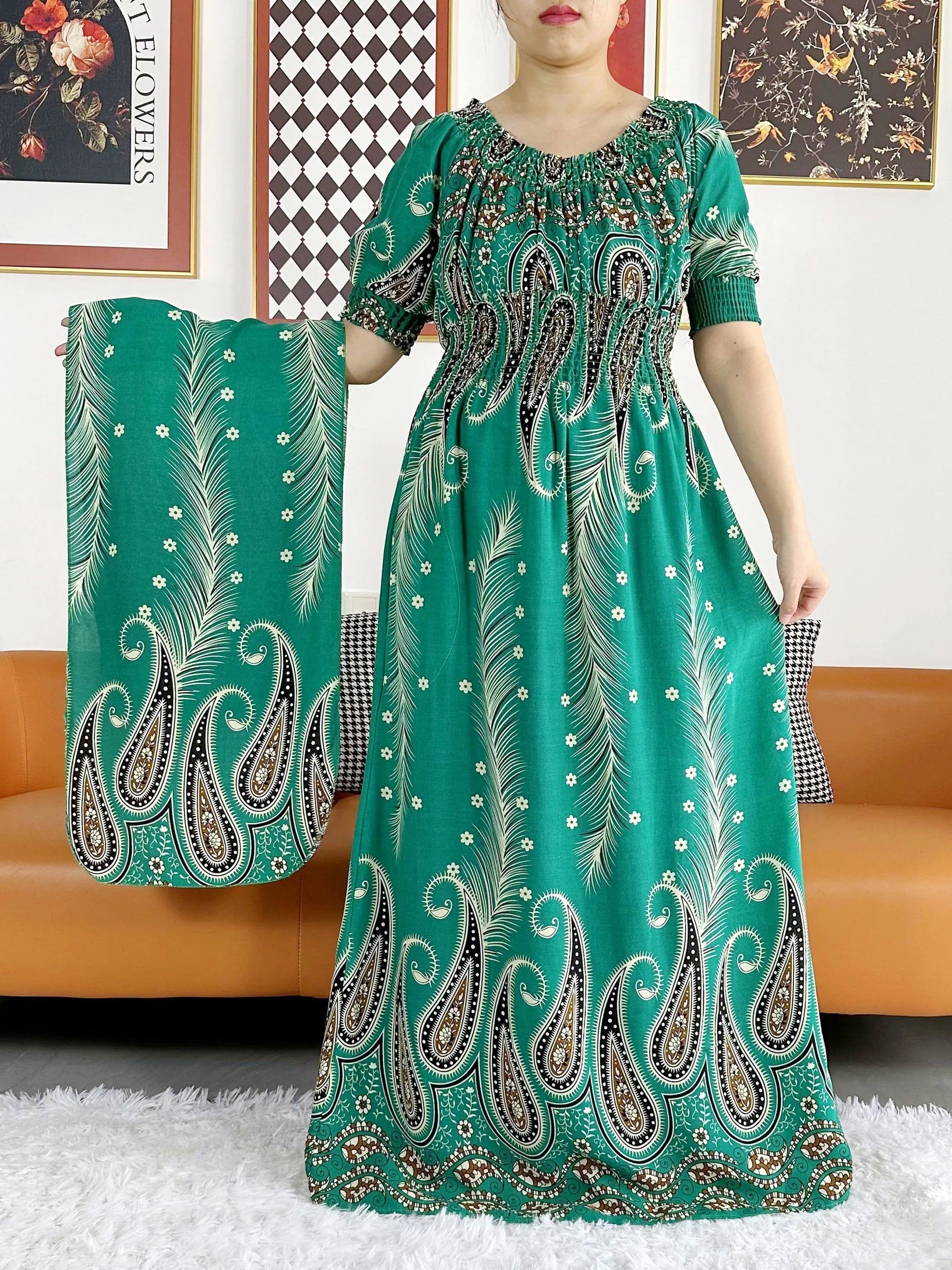 Women Party Dress Muslim Summer Short Sleeve Long Dress Collect Waist Floral Boubou Maxi Islam Women Dress African Abaya Clothes