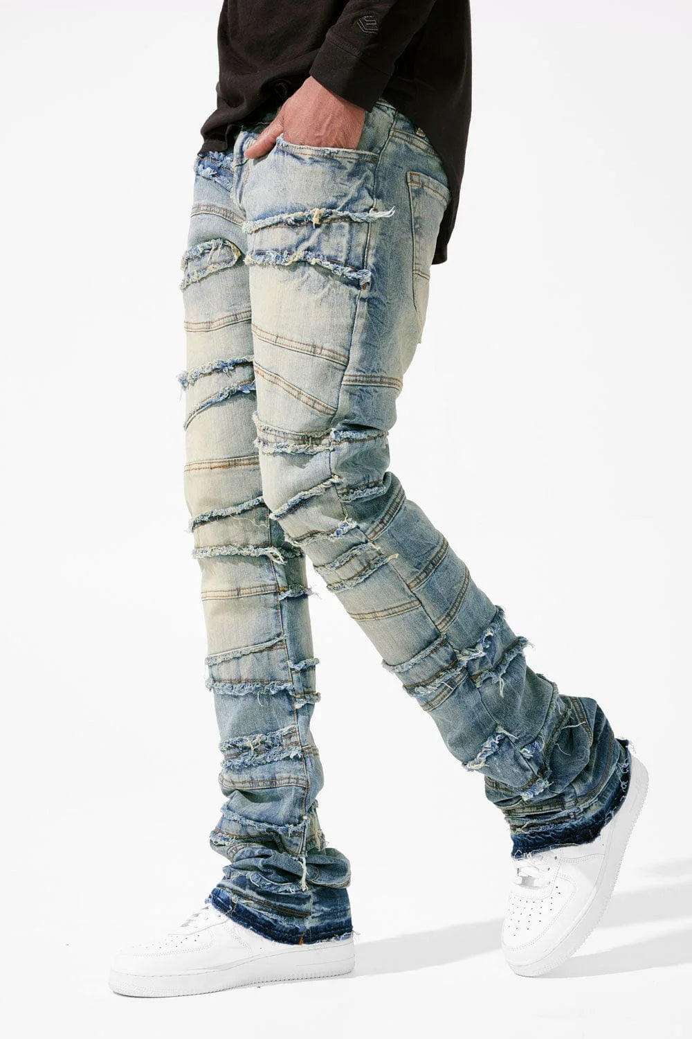 New Men's Patchwork Denim Pants Stacked Jeans Ripped Washed Frayed Pants Vintage Street Style Slim Fit Straight Trousers for Men