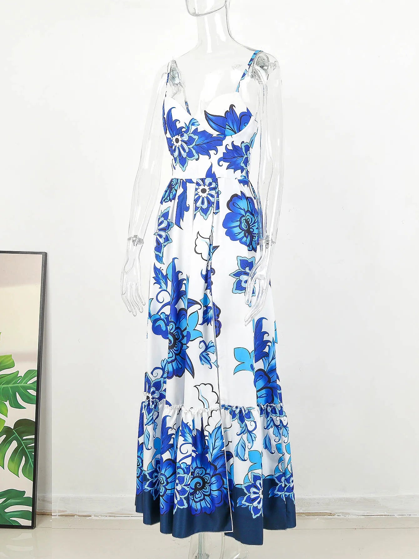 2024 Summer Print Long Dress Women Clothing Lace Up Sling Party Dresses Pattern Strappy Ladies Hollow Out V-Neck Beach Vestidos