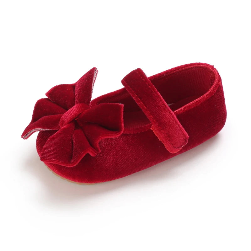 Spring and Autumn Newborn Flannelette Princess Shoes Baby Girls Bow Flat Shoes Toddler Baby Soft Rubber Sole First Walking Shoes