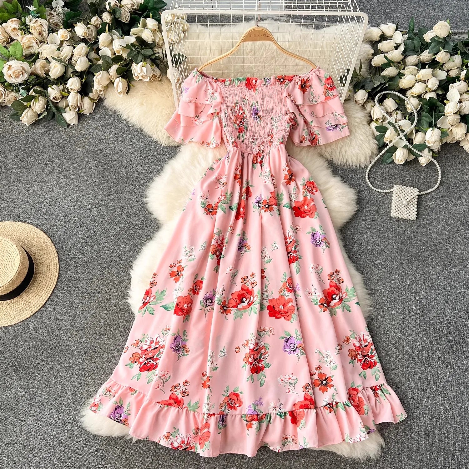 YuooMuoo Vacation Fashion Flower Print Chiffon Summer Dress Sexy Off Shoulders Elastic Waist Big Swing Long Dress Beach Vestidos