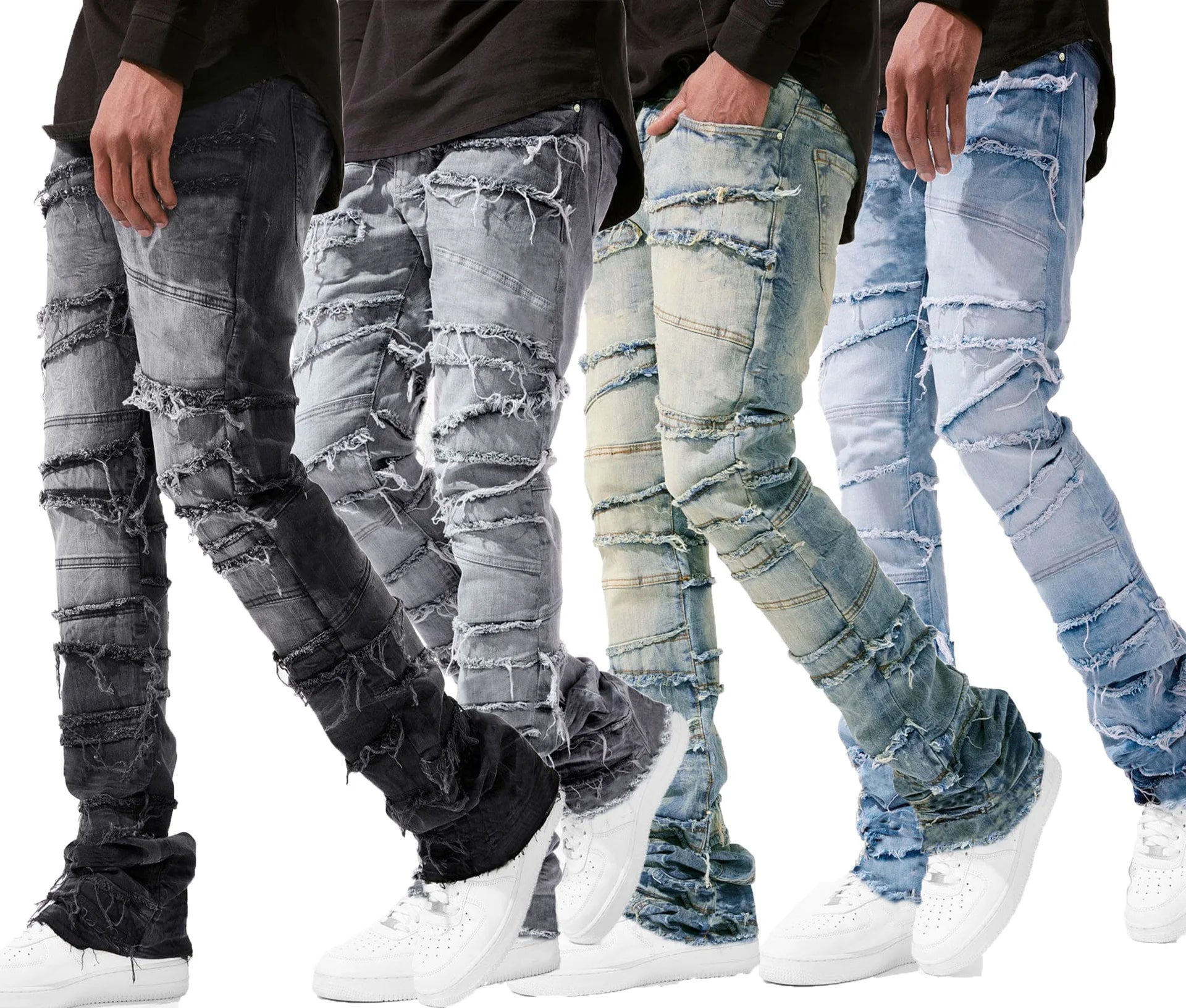New Men's Patchwork Denim Pants Stacked Jeans Ripped Washed Frayed Pants Vintage Street Style Slim Fit Straight Trousers for Men
