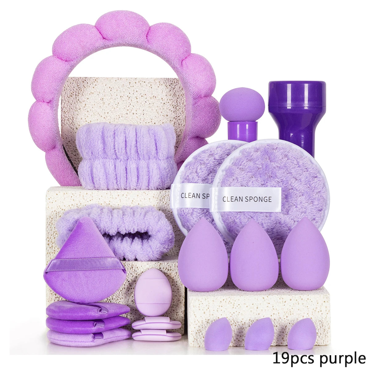 19pcs Makeup Puff and Sponge Set Makeup Tool Set Makeup Sponge Triangle Puff Finger Puff  Headband Wristband Makeup remover Puff