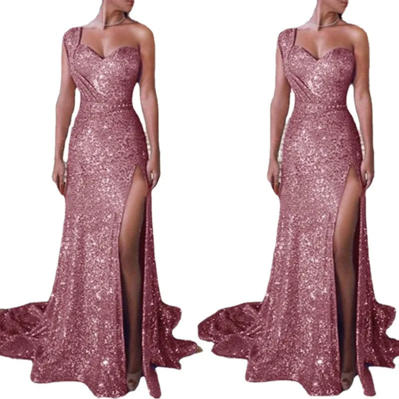 Explosive European and American women's sexy one-shoulder sleeveless gold hot dress slit long dress