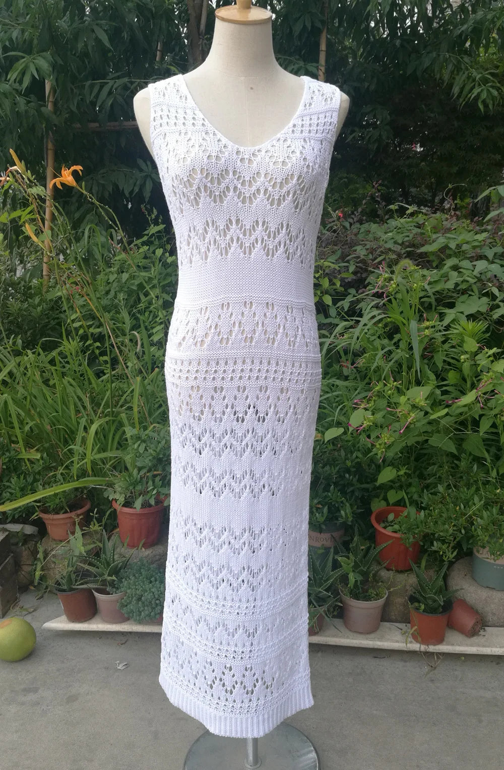 Semi Sheer Crochet Knit Maxi Dress Women Sleeveless Open-knit Bodycon Long Dress Summer Vacation Beach Wear