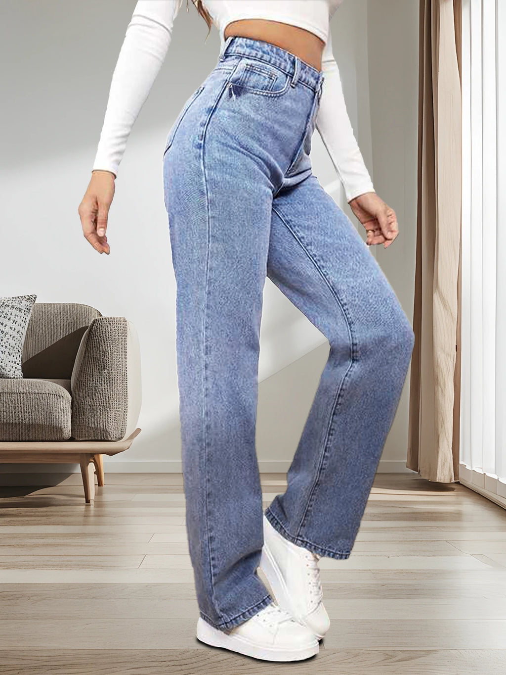Women's classic washed jeans, slightly elastic, loose straight-leg wide-leg jeans, casual and versatile jeans for going out