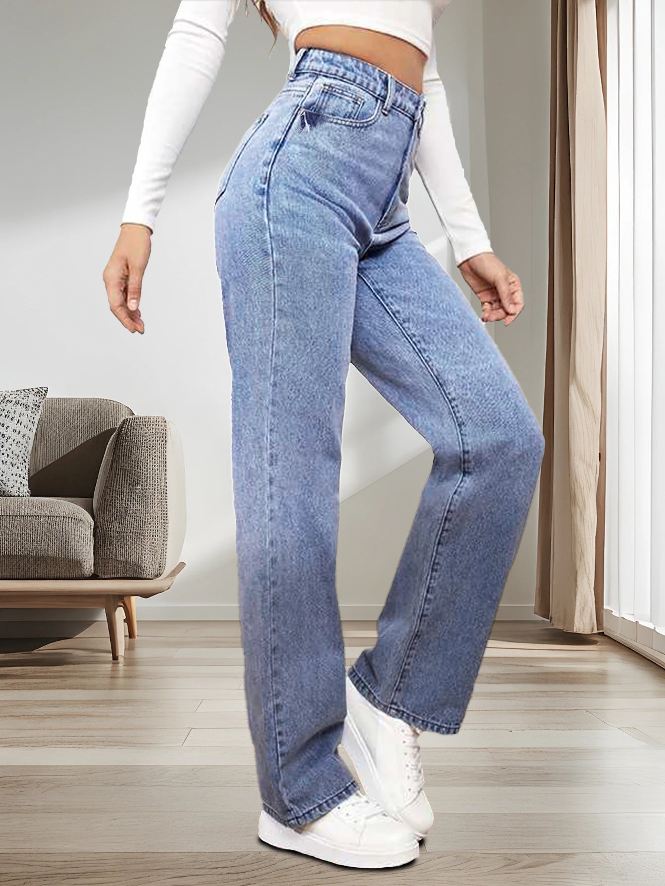 Women's classic washed jeans, slightly elastic, loose straight-leg wide-leg jeans, casual and versatile jeans for going out