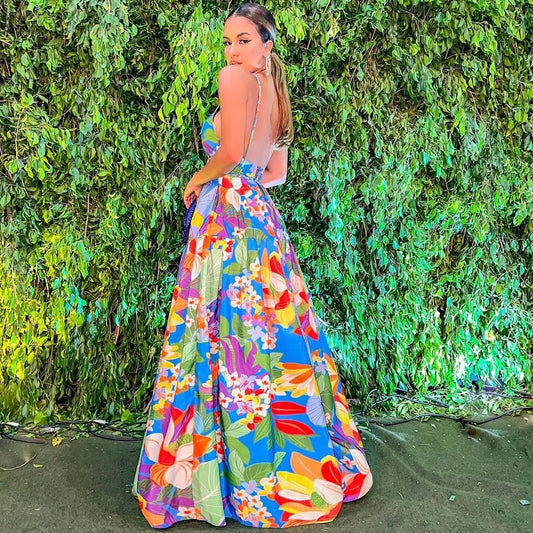 2024 New Summer Women's Clothing European American Style Off-the-shoulder Printed Dresses Oversized Tank Long Skirts