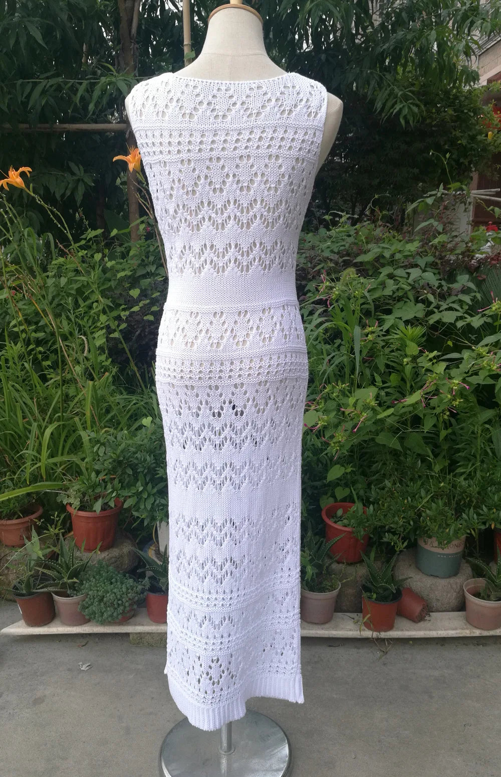 Semi Sheer Crochet Knit Maxi Dress Women Sleeveless Open-knit Bodycon Long Dress Summer Vacation Beach Wear