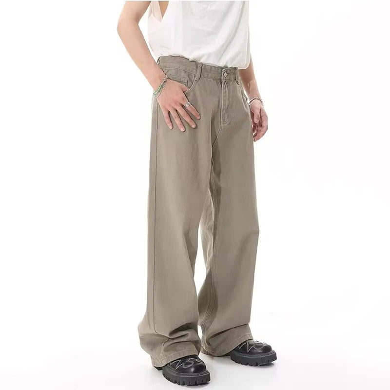 2024 Men Popular High Waist Straight Leg Jeans Male Simple Draping Wide Leg Denim Pants Brand Green Coffee Street Denim Trousers