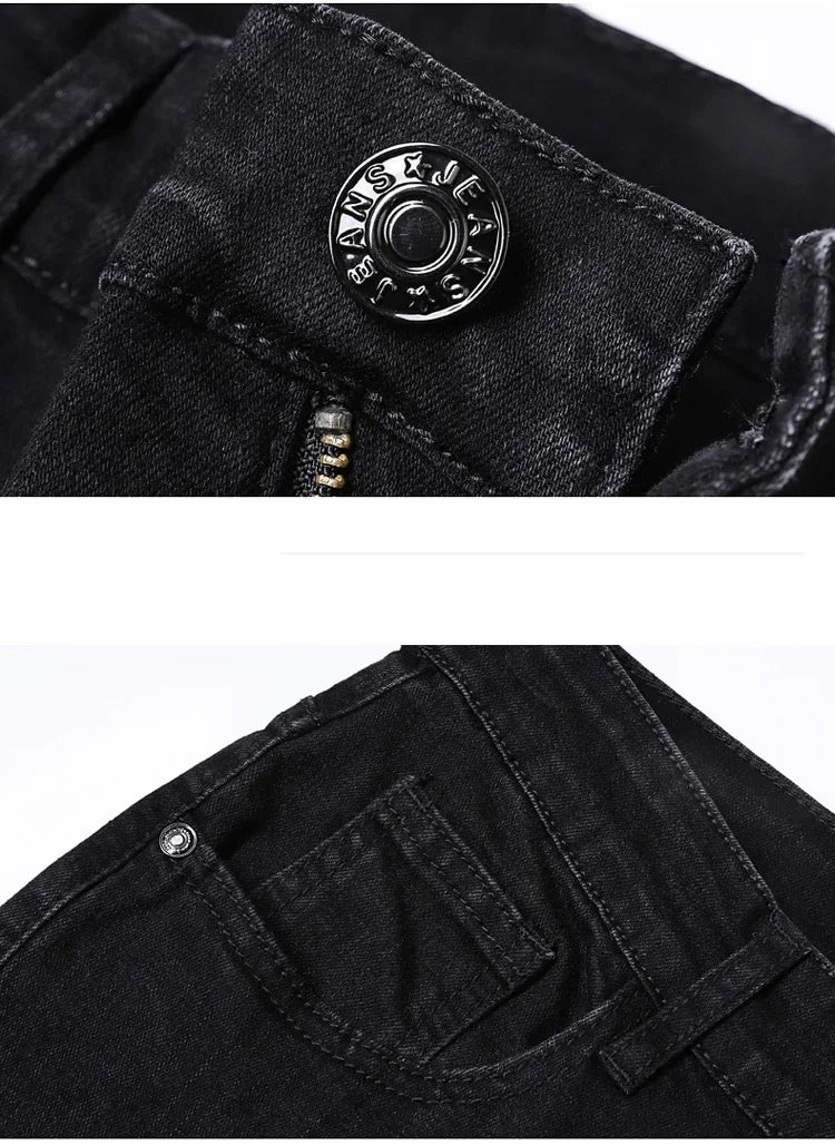 2025 Spring New Men's Straight Jeans Elastic Pant Classic Smoke Gray Casual Wear Mid Waist Casual Trousers Black Male Brand