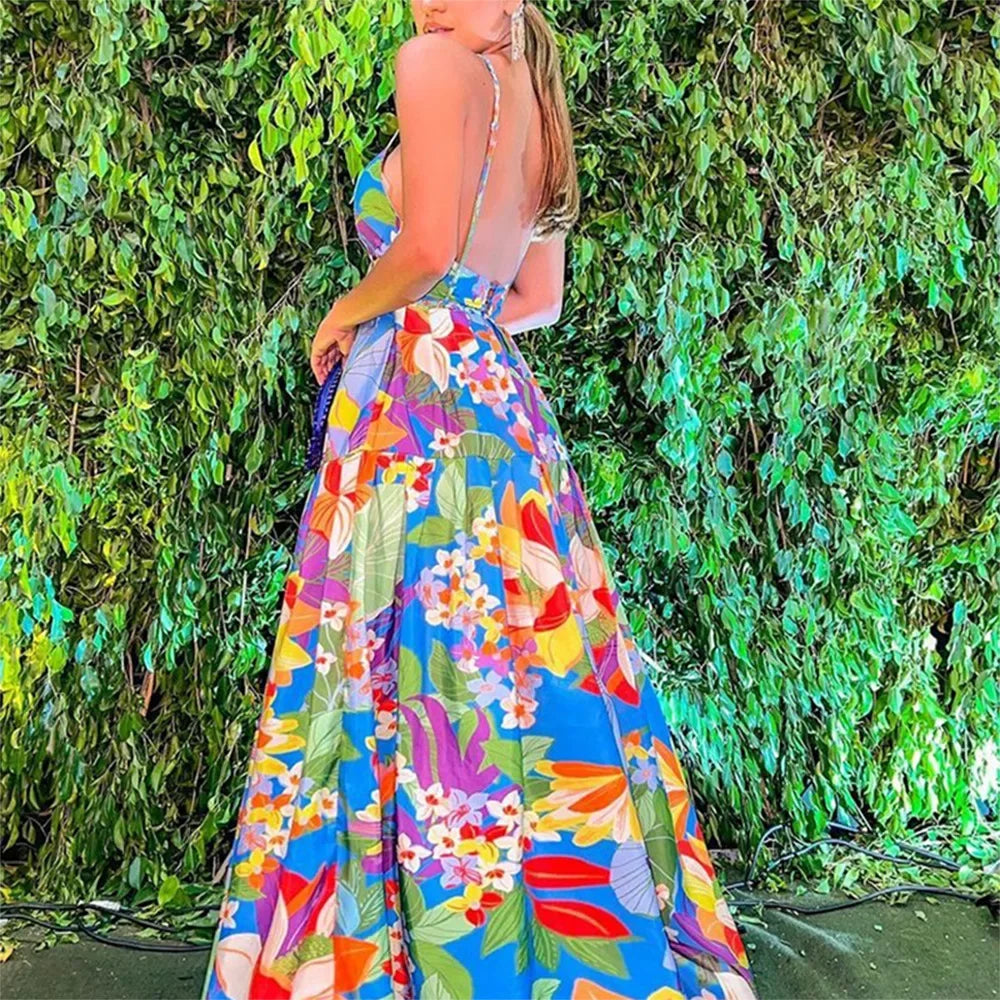 2024 New Summer Women's Clothing European American Style Off-the-shoulder Printed Dresses Oversized Tank Long Skirts