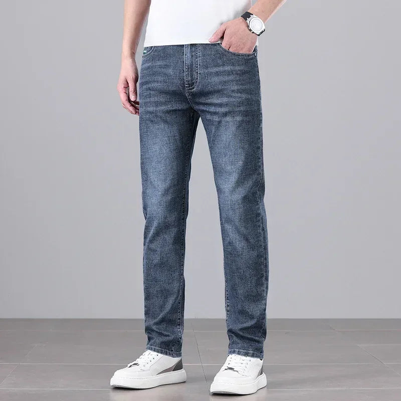 Men's Ultra-thin Stretch Casual Jeans New for Summer Business Fashion Straight Baggy Denim Trousers Blue Classic Style Male