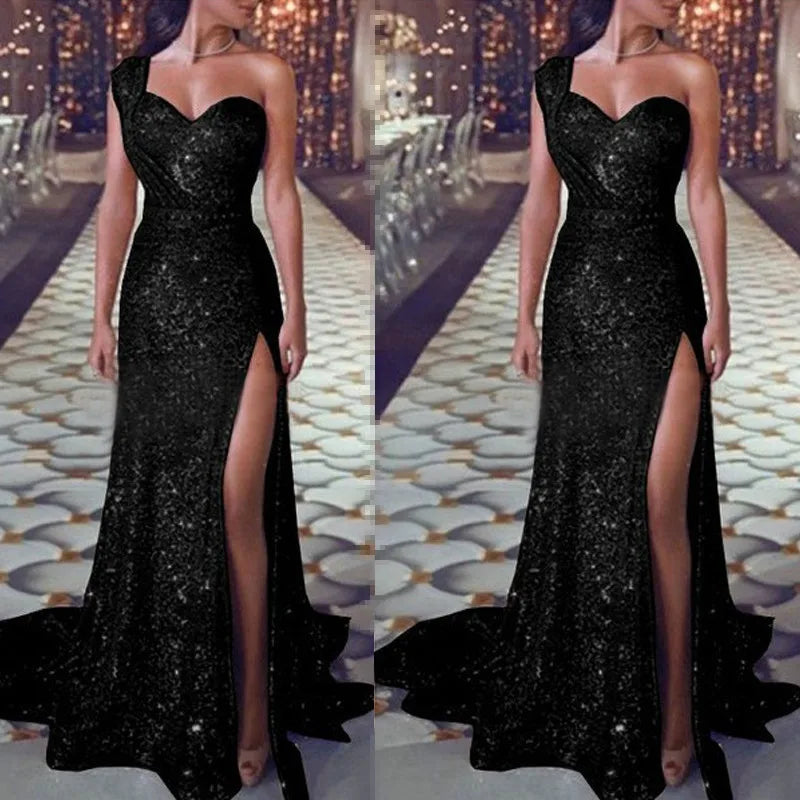 Explosive European and American women's sexy one-shoulder sleeveless gold hot dress slit long dress