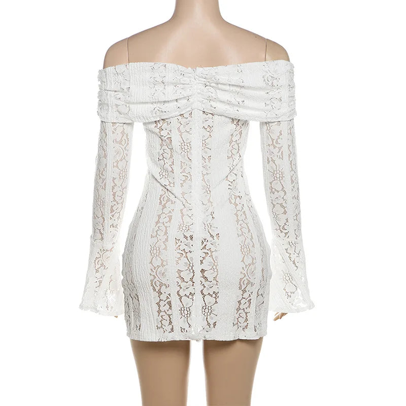 Sexy Women Hollow Out Slash Neck Lace Flared Sleeve Long Dress Elegant Laced Up Slim Fit Robes New Lady Evening Party Vestidos