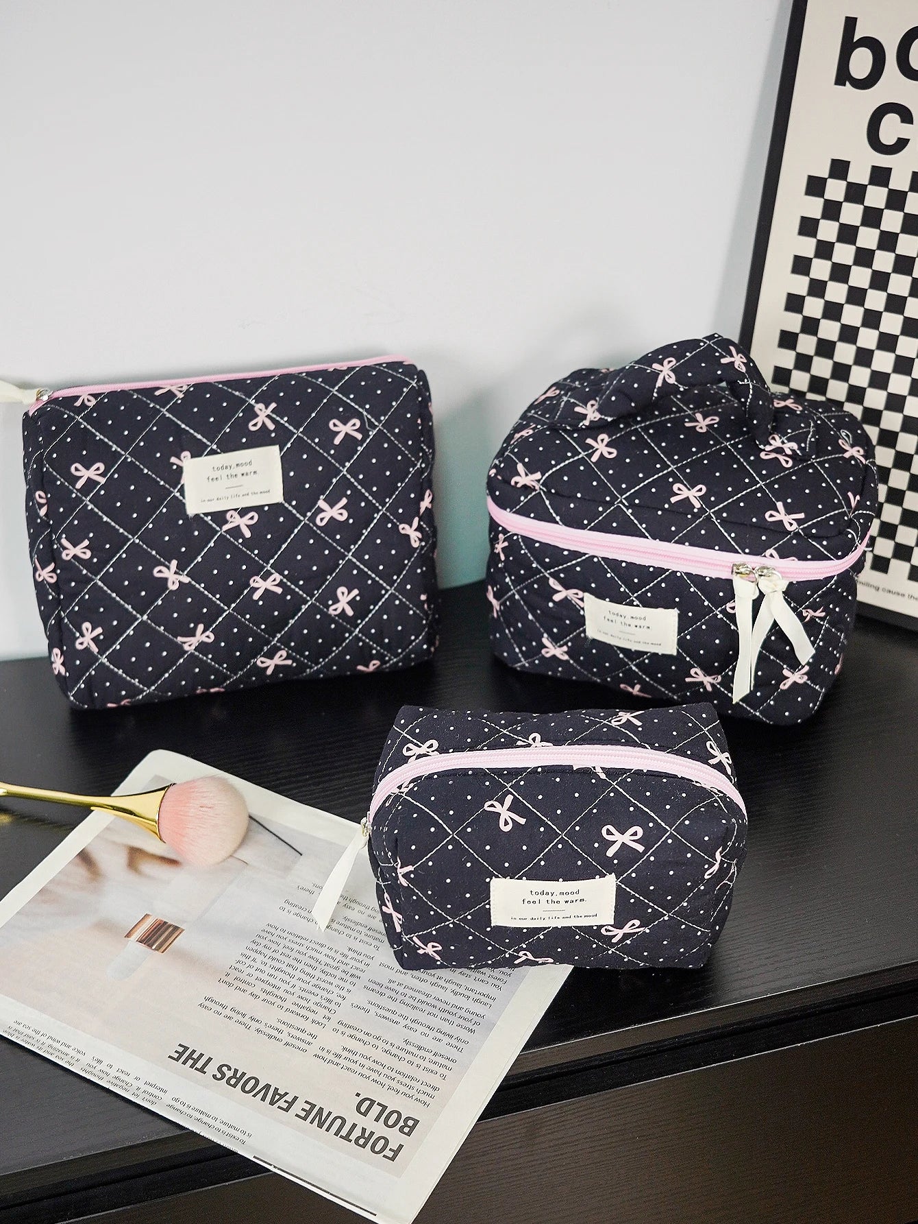 1pc/set Bow Quilted Makeup Bag, Multifunctional Portable Makeup Bag, Holiday Gift Makeup Bag, Travel Essential Makeup Bag