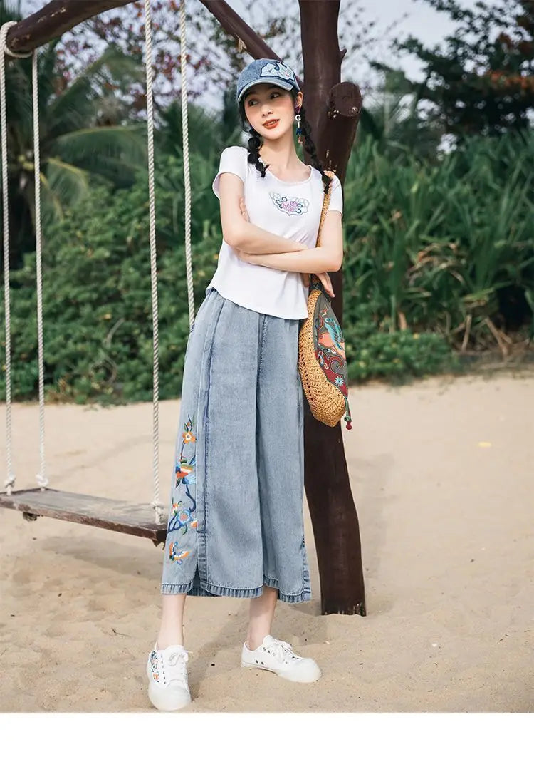 Jeans for Women Capris Embroidered Summer Elastic Waist Wide Leg Pants High Korean Women's Vintage Baggy Denim Popular Clothes