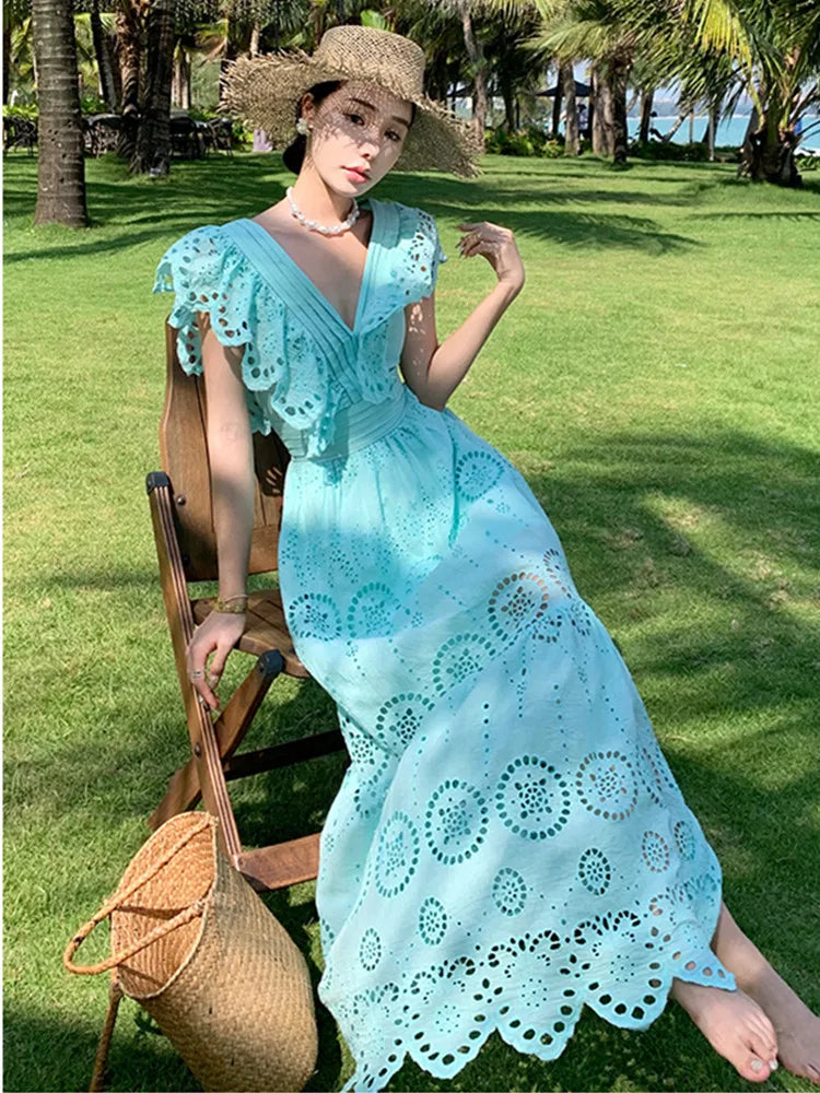 SMTHMA High Quality Hollow Out Embroidery Long Dress Women Sexy Deep V-Neck Ruffle Elegant Summer Dresses Female Clothing