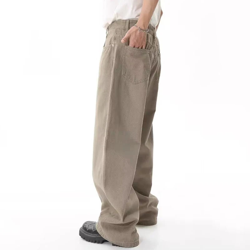 2024 Men Popular High Waist Straight Leg Jeans Male Simple Draping Wide Leg Denim Pants Brand Green Coffee Street Denim Trousers