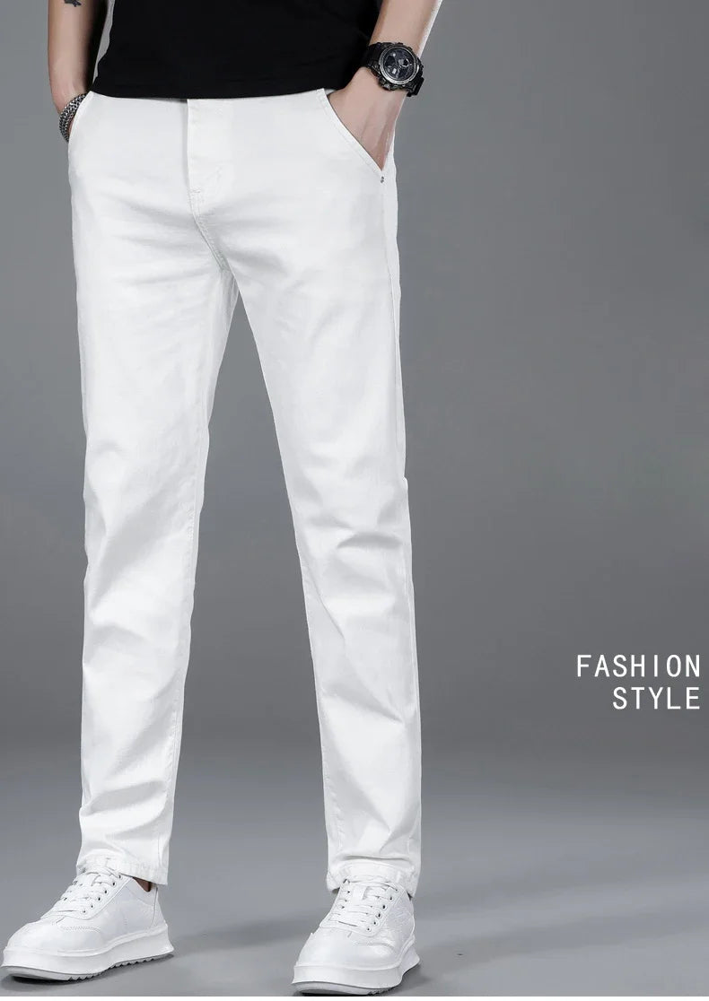 New Men's Fashion Classic Style Versatile Slim Jeans White Stretch Straight Soft Casual Denim Trousers Brand Clothing Male
