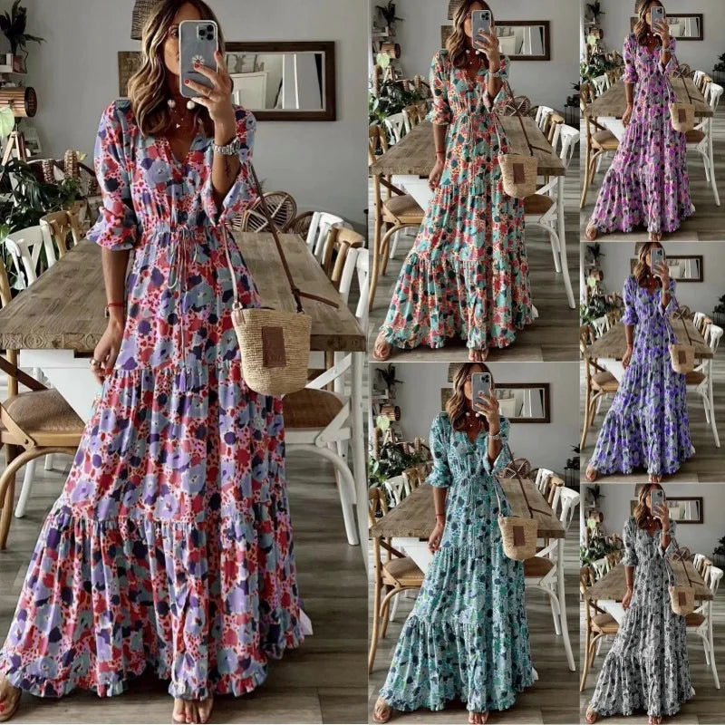 Women's Clothing Temperament Vacation Sexy V-neck Fashionable Printed Lace Up Seven Quarter Sleeve Large Swing Long Dress