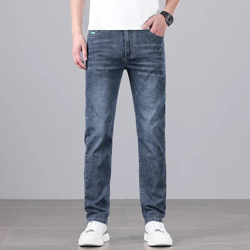 Men's Ultra-thin Stretch Casual Jeans New for Summer Business Fashion Straight Baggy Denim Trousers Blue Classic Style Male