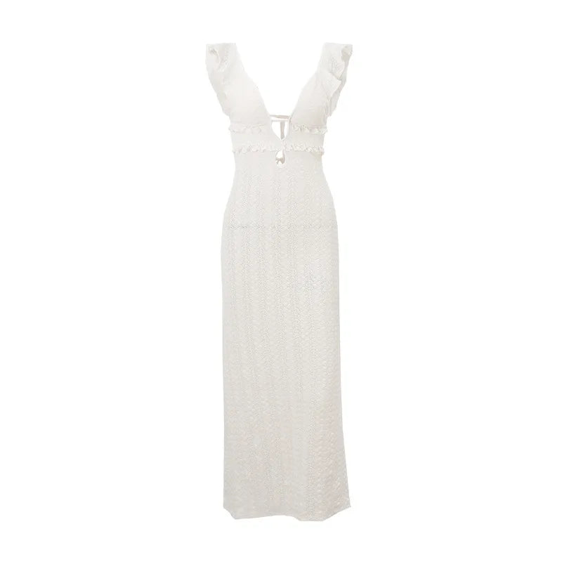 Fringed Open Back Halter Cami Long Dress Women Elegant V Neck Sleeveless Maxi Dress Summer Bodycon Evening Party Clothing